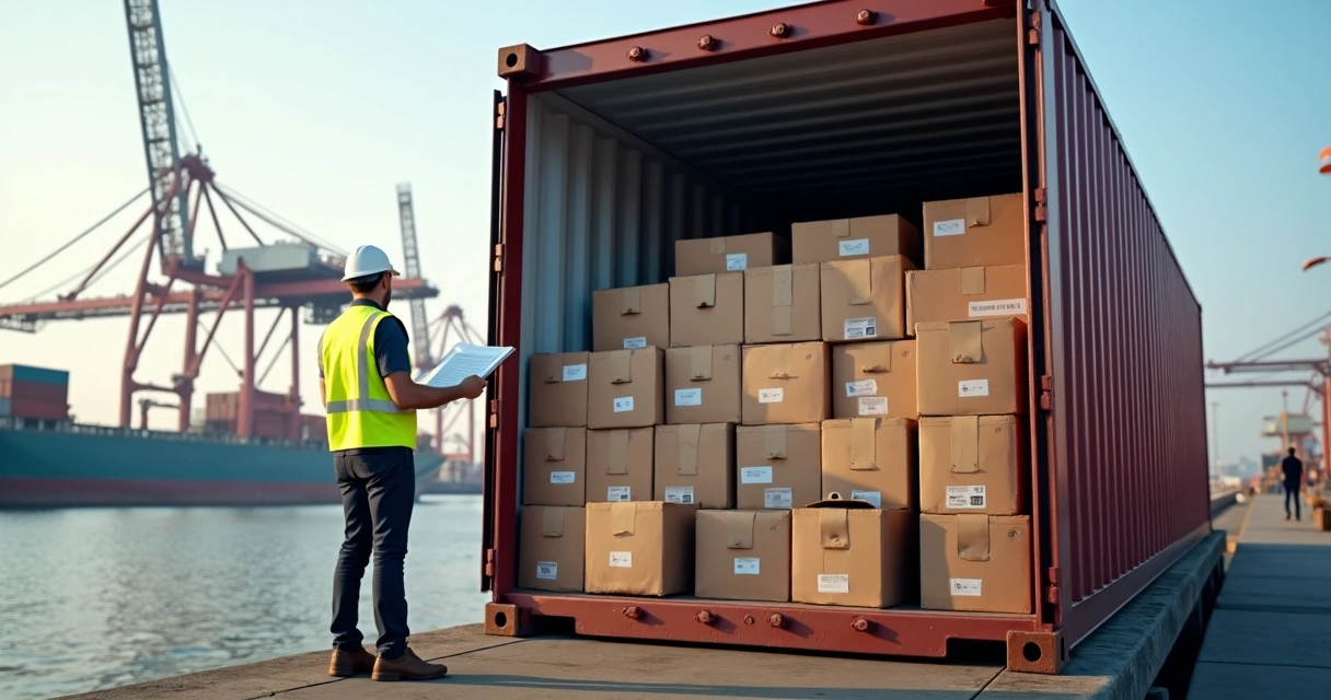 Contêiner carregado com caixas de tampas plásticas prontos para exportação 