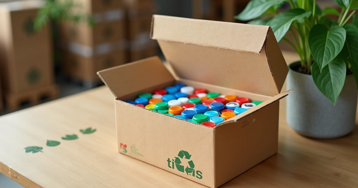 Caixa de papelão reciclado com tampas plásticas organizadas 